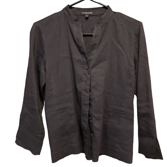 Eileen Fisher Long Sleeve Shirt Gray Blouse Button Down Up Lagenlook Linen Petit - Picture 1 of 8